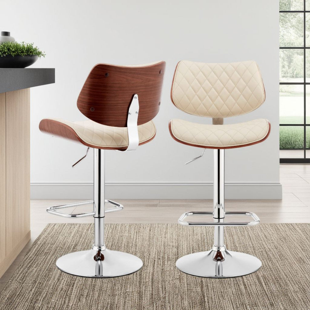Leland Adjustable Faux Leather and Metal Bar Stool, Cream and Chrome