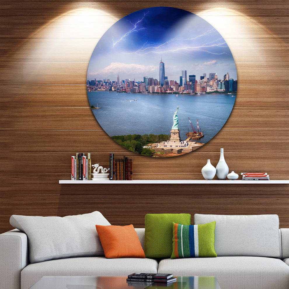 Statue Of Liberty And Skyline, Cityscape Photo Round Wall Art, 36"