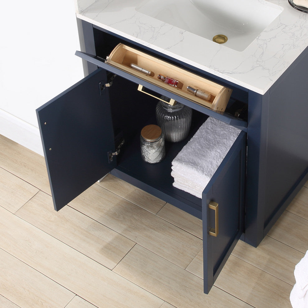 Gavino Vanity With Grain White Composite Stone Top, Royal Blue/Brushed Gold, 30", No Mirror