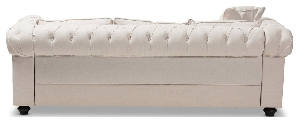 Alaise Modern Classic Beige Linen Tufted Scroll Arm Chesterfield Sofa