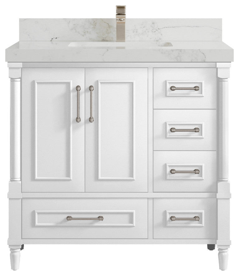 Aberdeen 36 Center Sink Bath Vanity in White 2" Calacatta Nuvo