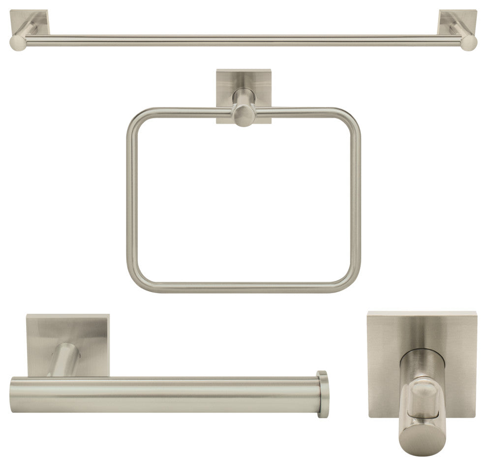Nuk3y Modern Square 4 Piece Bathroom Hardware Towel Bar Accessory Set, Satin Nic
