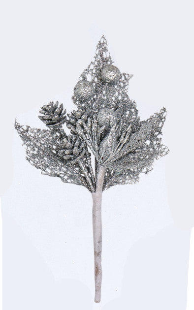 Mini Glitter Leaf and Cone Pick, Silver, 7"