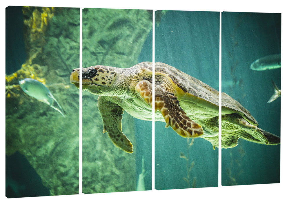 "Huge Turtle Swimming" Animal Digital Art Canvas Print, 4 Panels