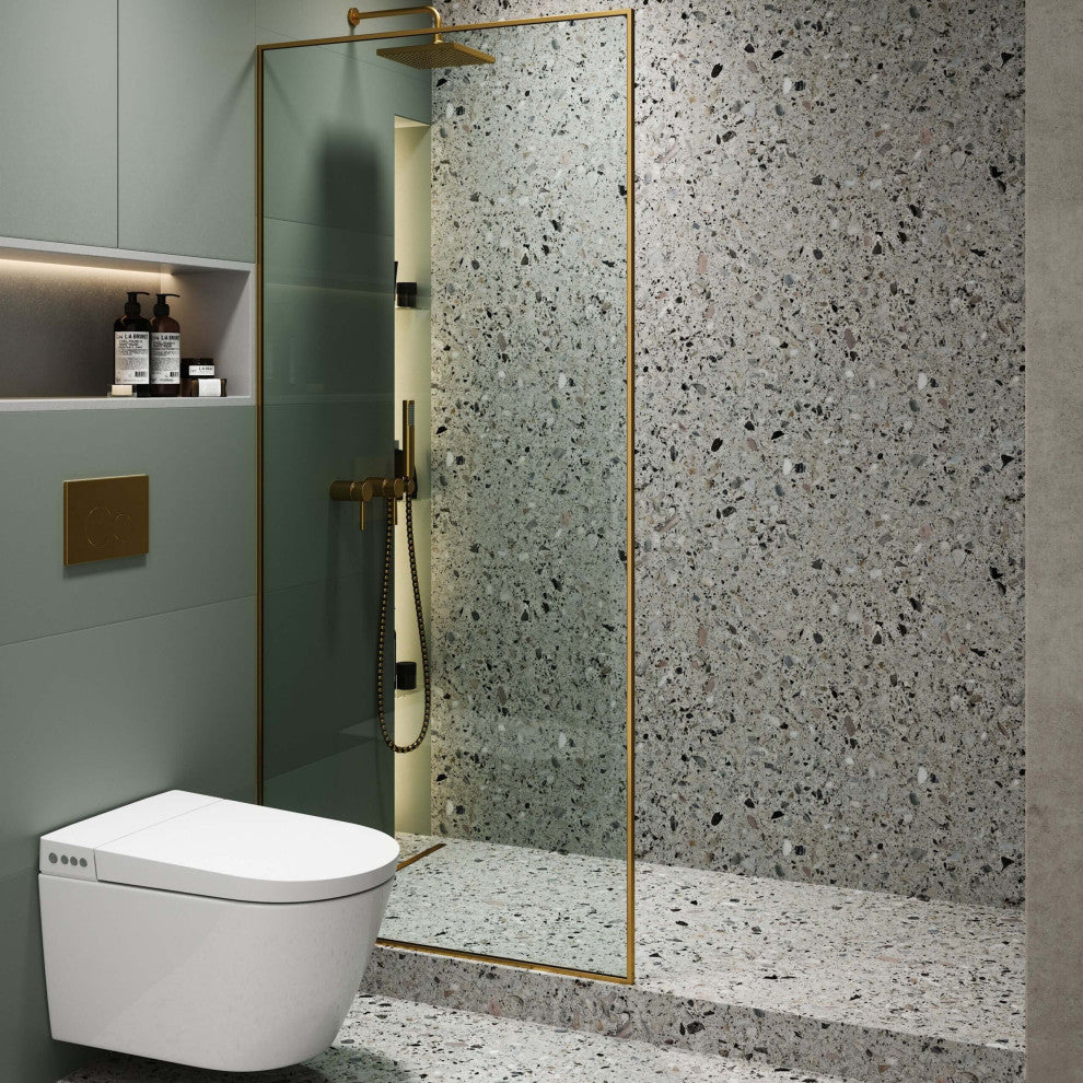 Single Fixed Glass Shower Panel - Clear Tempered Full Frame Shower Glass Door, Satin Brass, 34"
