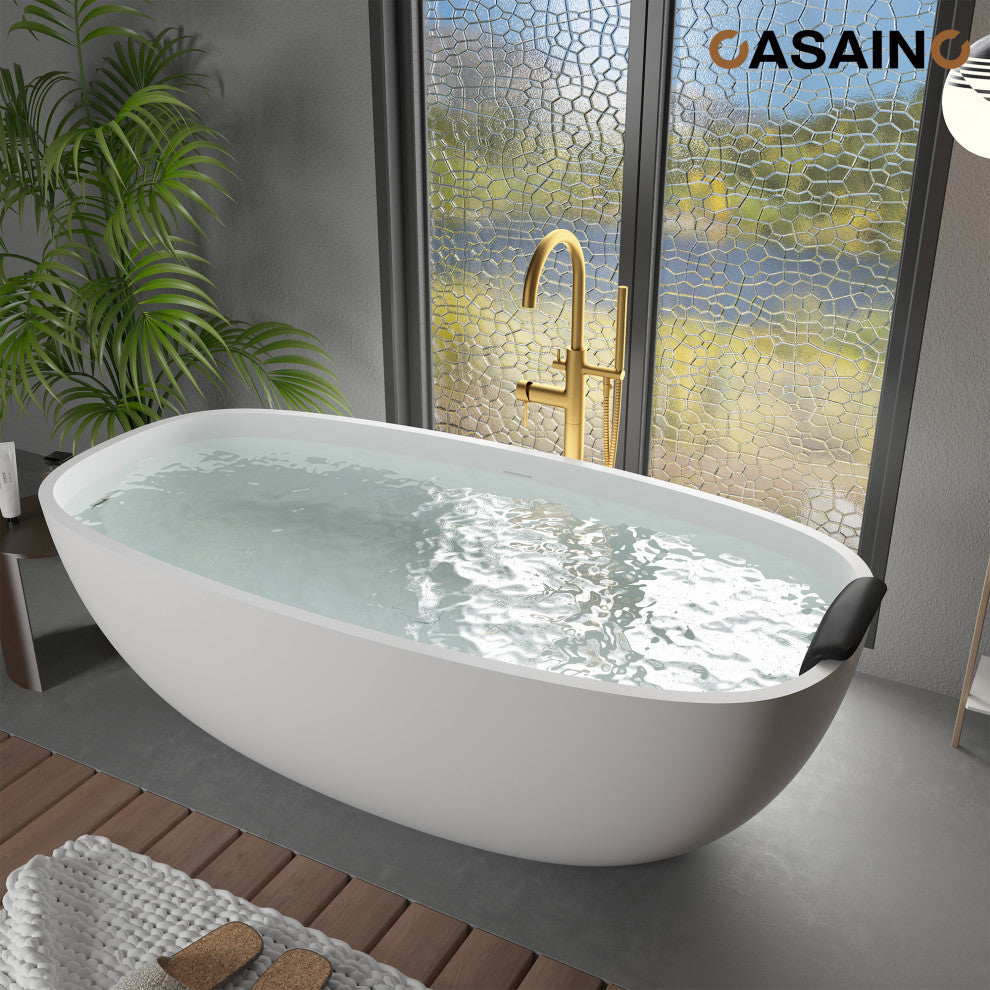 71in White Solid Surface Freestanding Soaking Bathtub with Drain