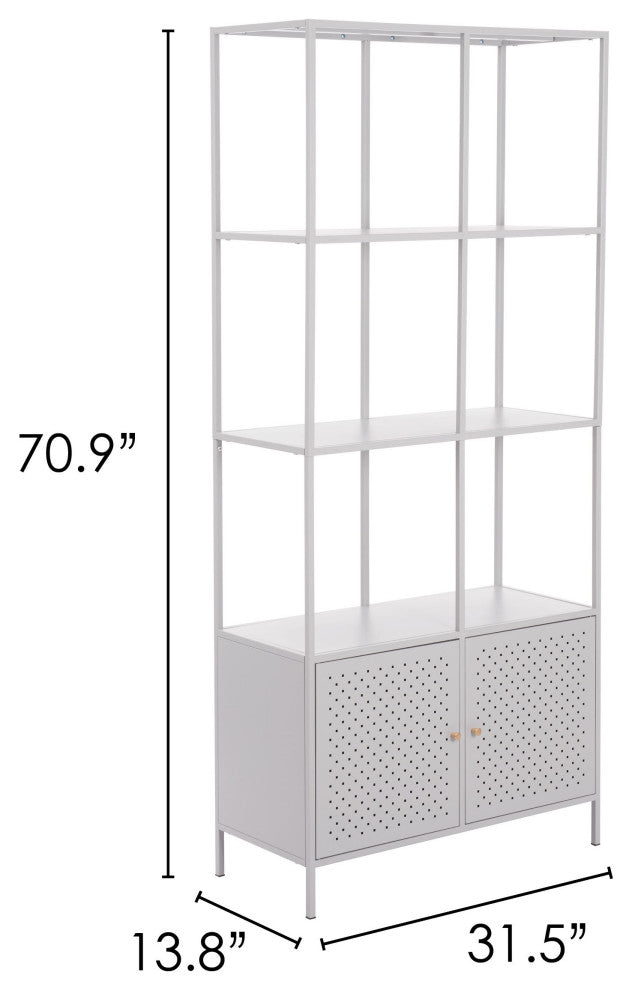 Bookcase Wall Shelf Rack, Steel Metal, Gray, Gold, Lounge Cafe Hospitality