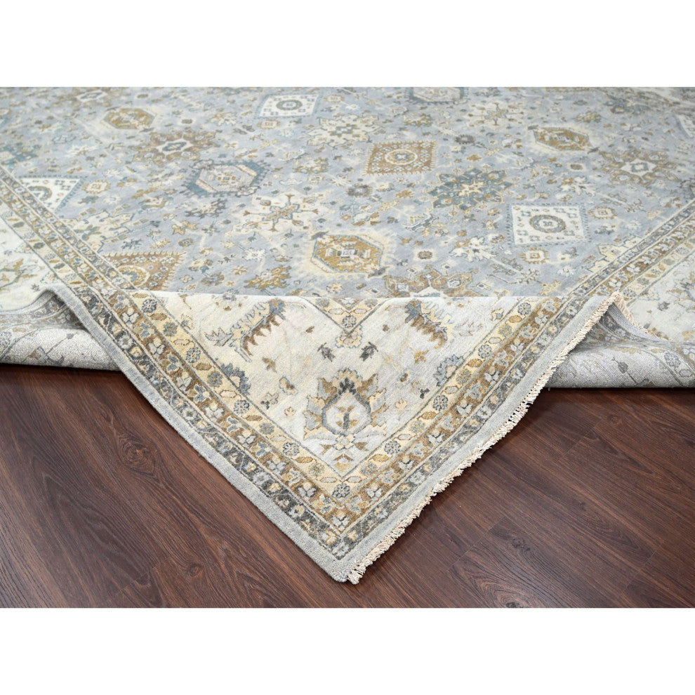 Lavender Gray With Ivory Hand Knotted Karajeh Design Wool Rug 12'2"x17'11"