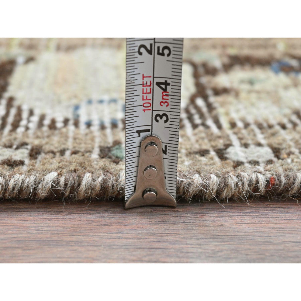 Beige Hand Knotted Vintage Persian Hamadan Pure Wool Clean Runner Rug, 3'5"x9'2"
