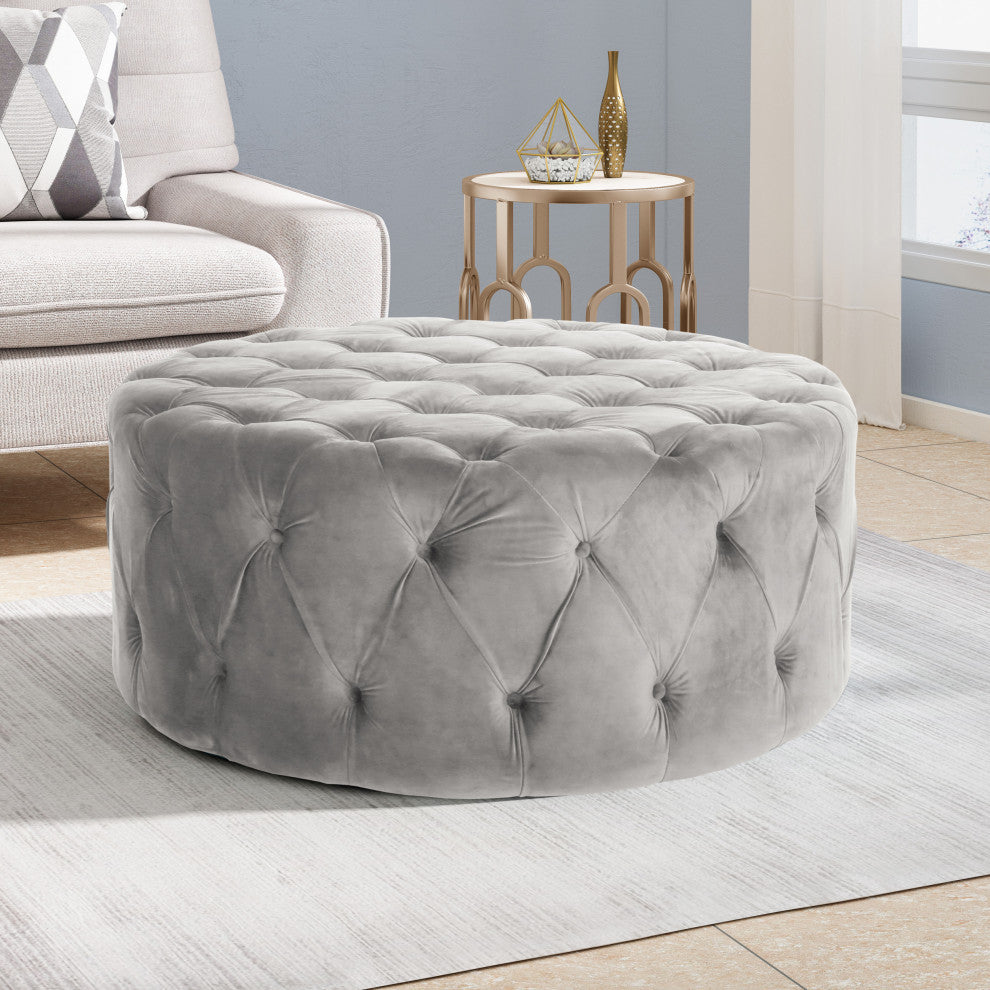 GDF Studio Limosa Round Tufted Velvet Ottoman, Gray