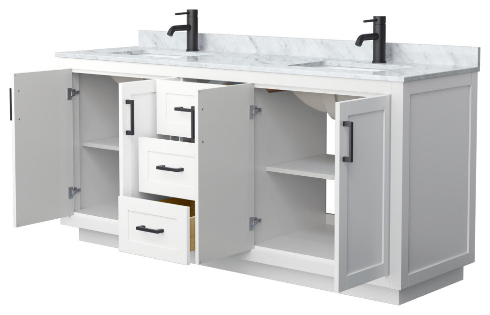 72" Double Bathroom Vanity White, White Carrara Countertop, Sinks, Black Trim