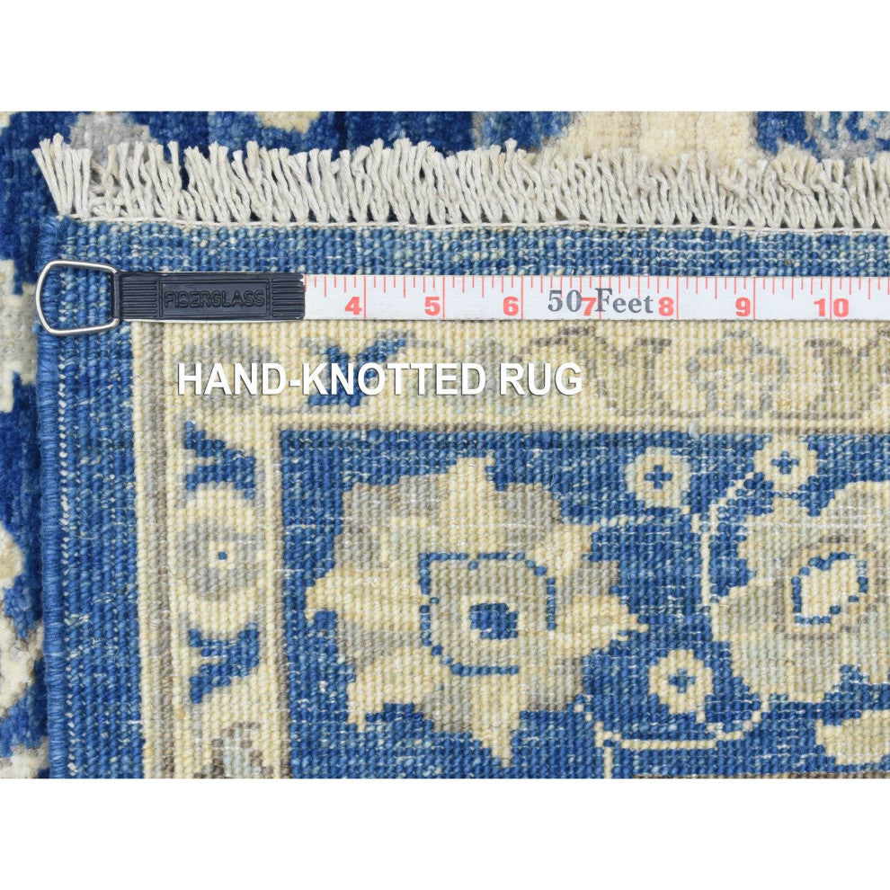 Navy Blue, Fine Peshawar Soft Wool Hand Knotted Wide Runner Rug, 4'0"x11'8"