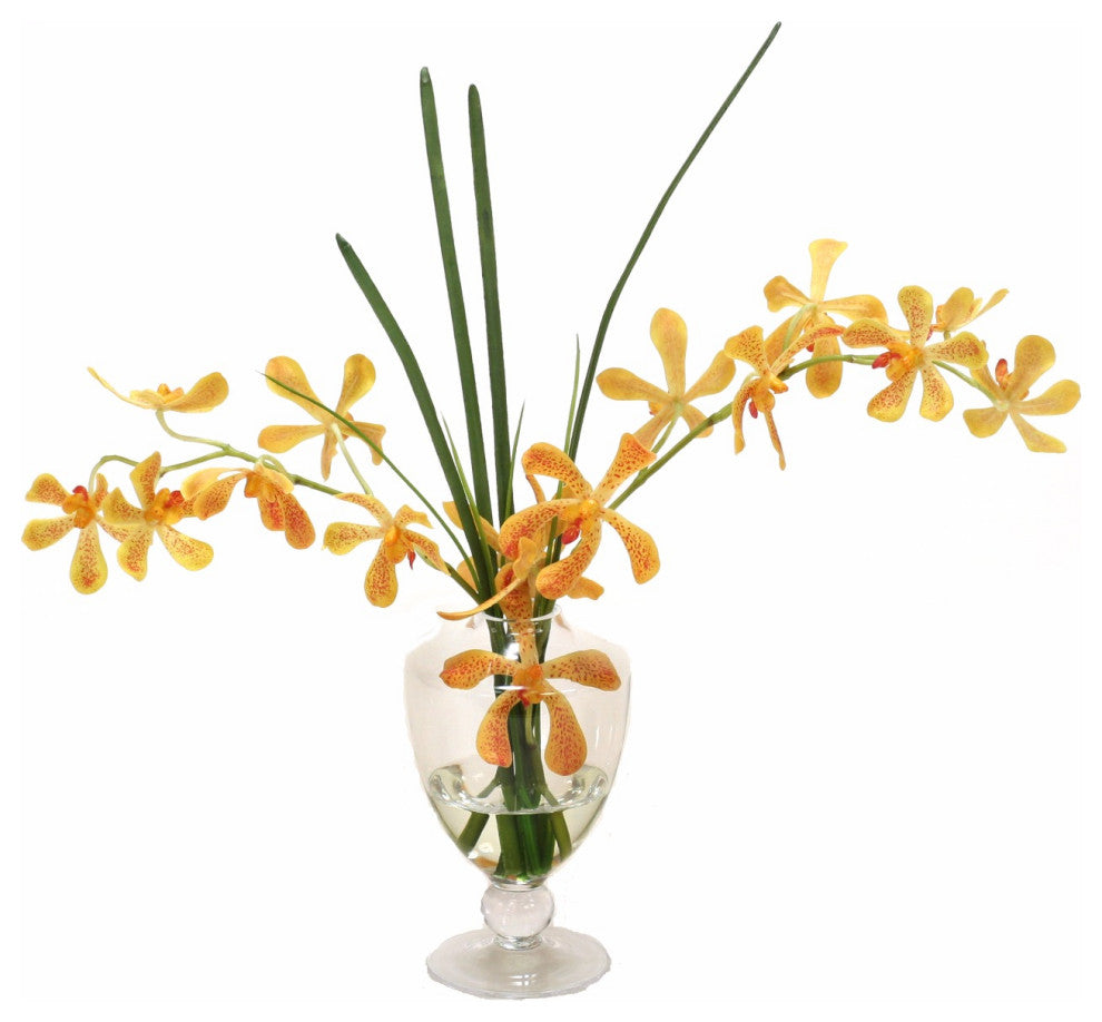 WaterlookÂ® Yellow-Orange Vanda Orchids, Grass in Glass Urn