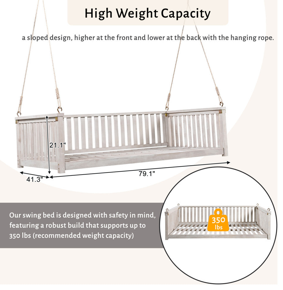 GDF Studio Acacia Wood Twin Size Garden Porch Swing Bed, White