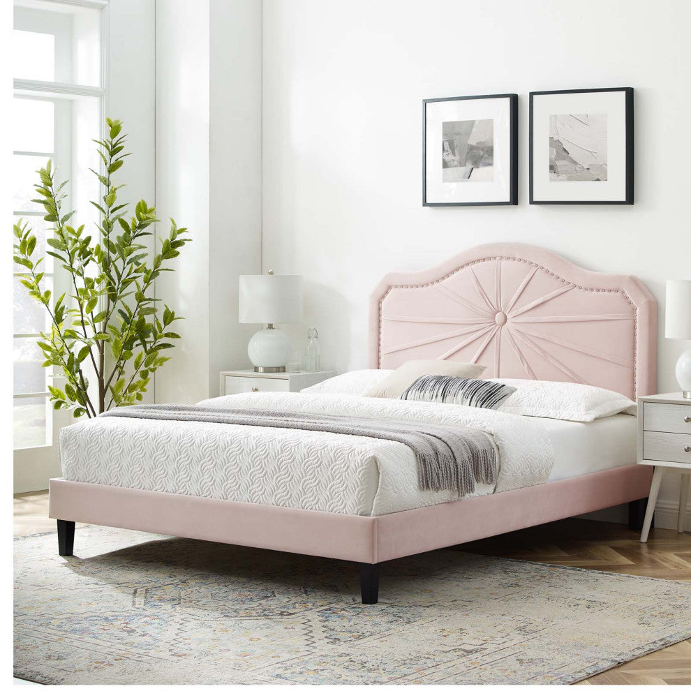 Platform Bed Frame, Full Size, Velvet, Pink, Modern Contemporary, Bedroom Master