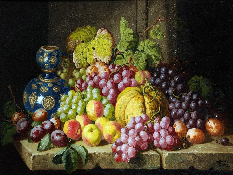 Tile Mural Still Life With Fruits A Pumpkin Vine Peach Plum, 6"x8", Matte