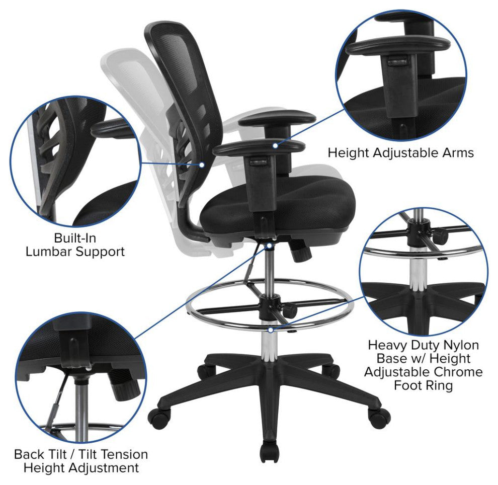 Mid-Back Black Mesh Ergonomic Drafting Chair with Adjustable Chrome Foot...