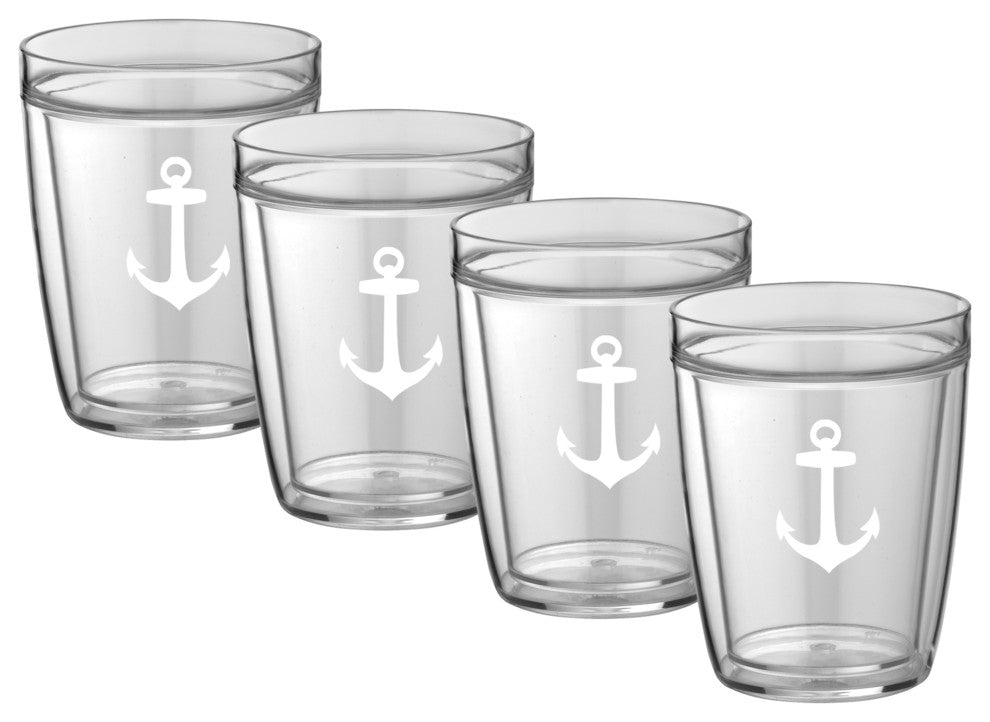 Kraftware Double Wall Short Glasses, Anchor, 14 oz, Set of 4