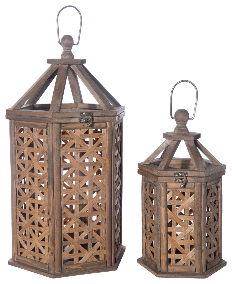Lantern with Ring Handle and Covered Lattice Body Natural Brown Finish, Set of 2