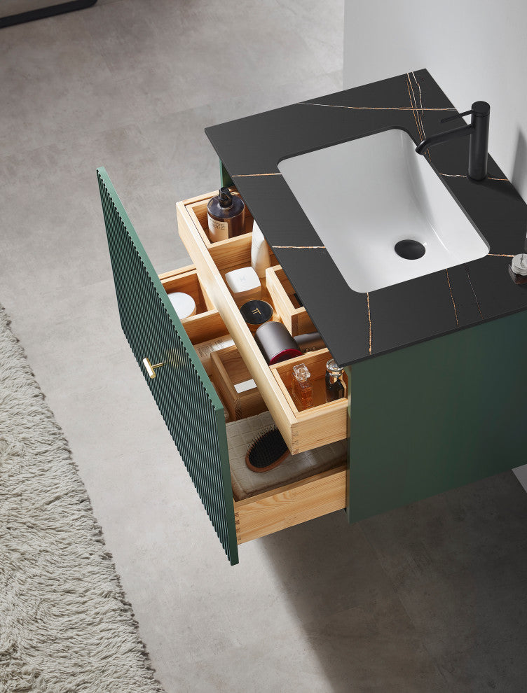 BARCELONA Wall Mount Modern Bathroom Vanity, Forest Green, 30", Black Countertop