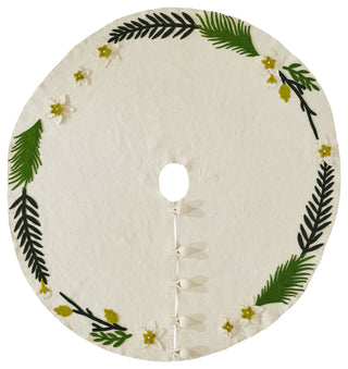 Handmade Christmas Tree Skirt, Felt Greenery on Cream
