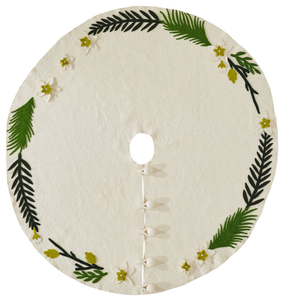 Handmade Christmas Tree Skirt, Felt Greenery on Cream