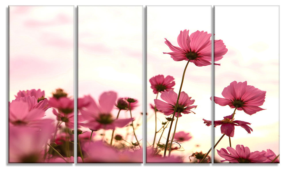 Cosmos Flowers Meadow At Sunset, Floral Canvas Art Print, 48"x28", 4 Panels