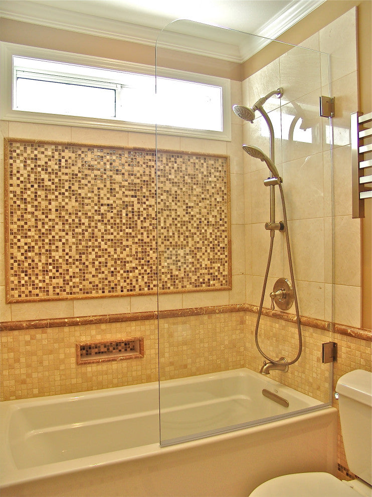 Frameless Tub Shower Door 60"x30" Low Iron, Polished Stainless Steel, Round Corn