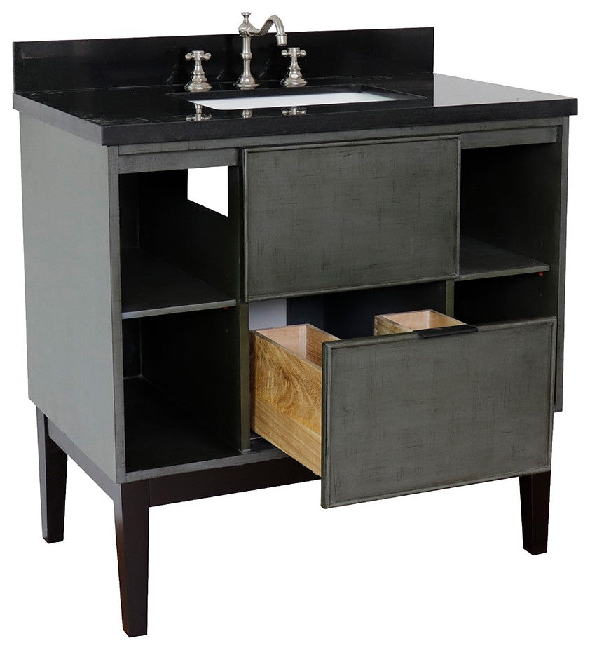 37" Single Vanity, Linen Gray Finish With Black Galaxy Top And Rectangle Sink