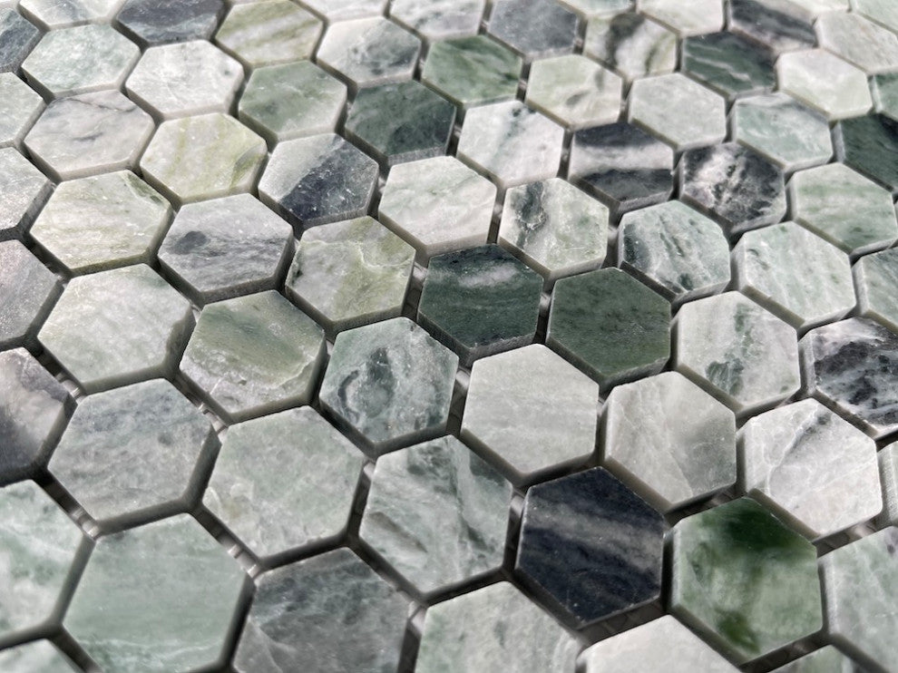 Sagano Vibrant Green Marble 1 inch Hexagon Mosaic Tile Honed, 1 sheet
