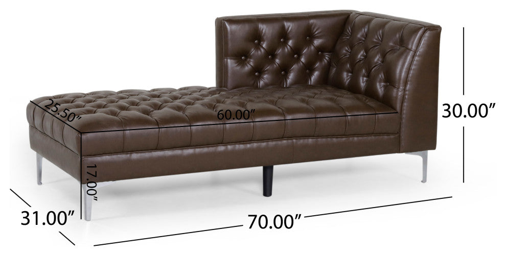 Bluffton Contemporary Tufted One Armed Chaise Lounge, Dark Brown + Silver