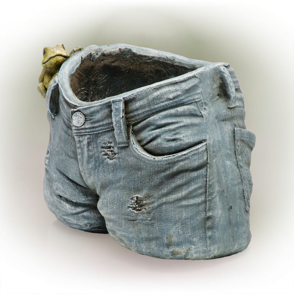 Rugged Denim Shorts Flower Planter with Frog