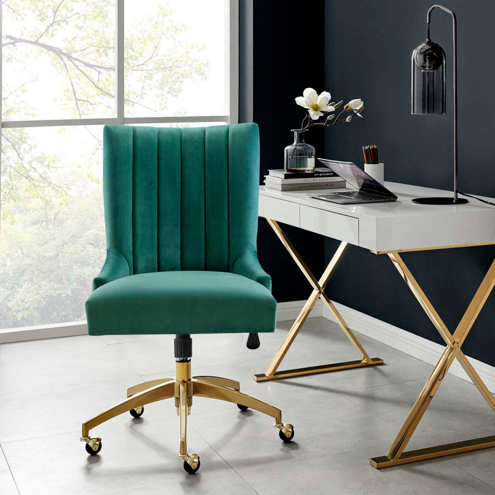 Computer Work Desk Tufted Chair, Velvet, Gold Teal Blue, Home Business Office