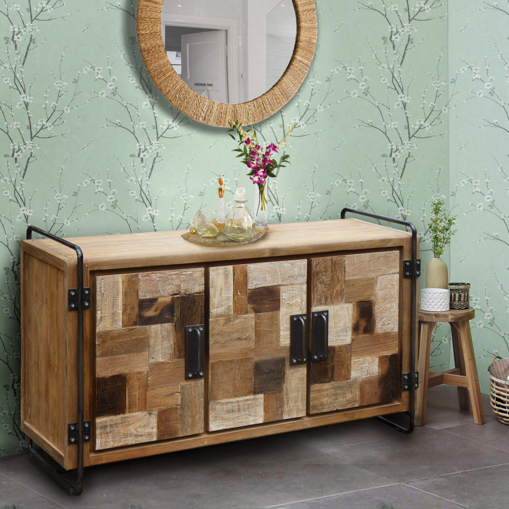 Recycled Teak Wood Katari Bathroom Linen Cabinet With 3 Doors