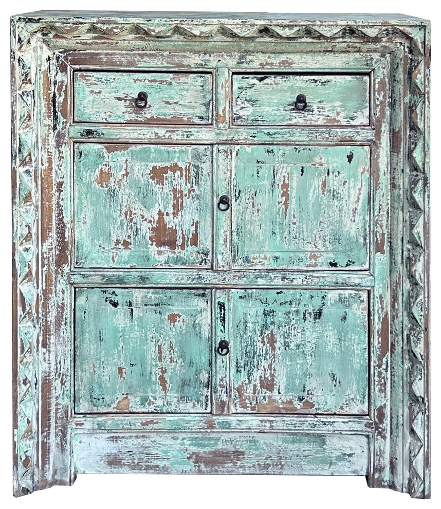 Distressed Turquoise Green Geometric Edge Credenza Storage Cabinet