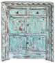 Distressed Turquoise Green Geometric Edge Credenza Storage Cabinet