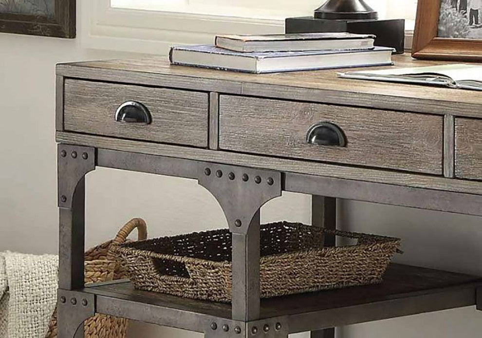 Desk with 3 Drawers, Weathered Oak and Antique Silver
