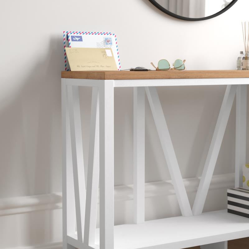 Charlotte Modern 2-Tier Farmhouse Console Accent Table, Brushed White Wash/Warm Oak