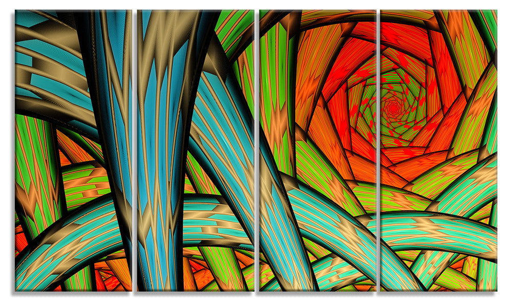 Green Fractal Endless Tunnel, Abstract Canvas Art Print, 48"x28", 4 Panels
