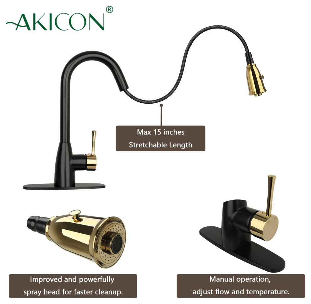 Pull Down Kitchen Faucet With Deck Plate, Two-Tone Matte Black and Gold