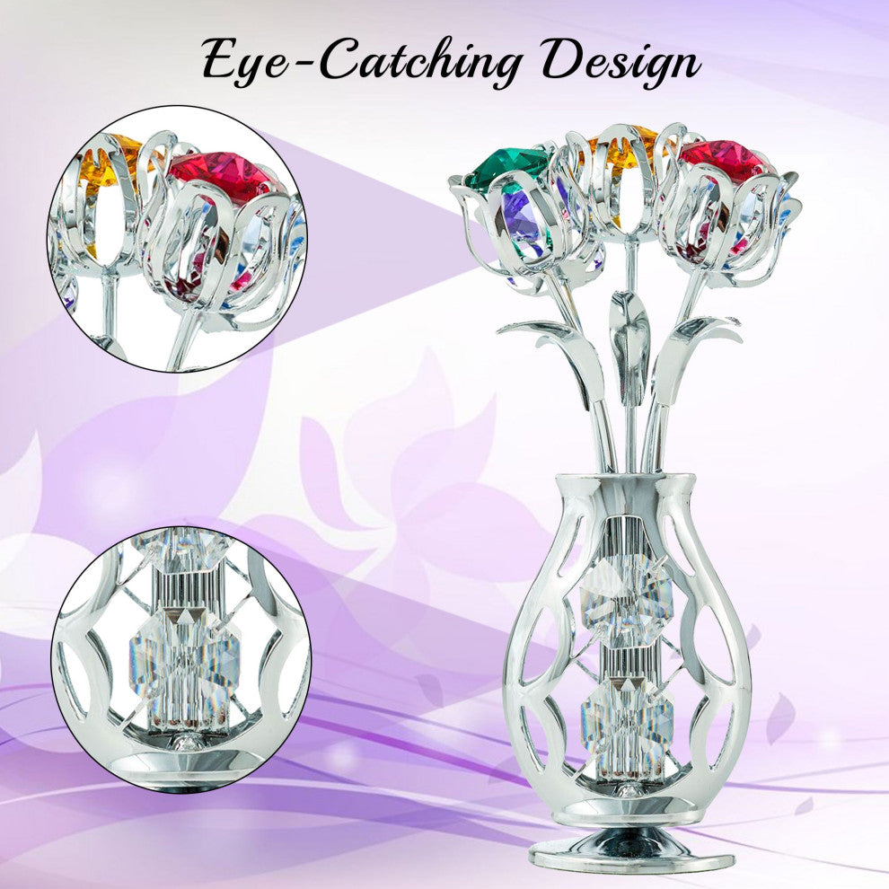 Matashi Chrome Plated Flowers Bouquet and Vase With Colorful Crystals Home Decor