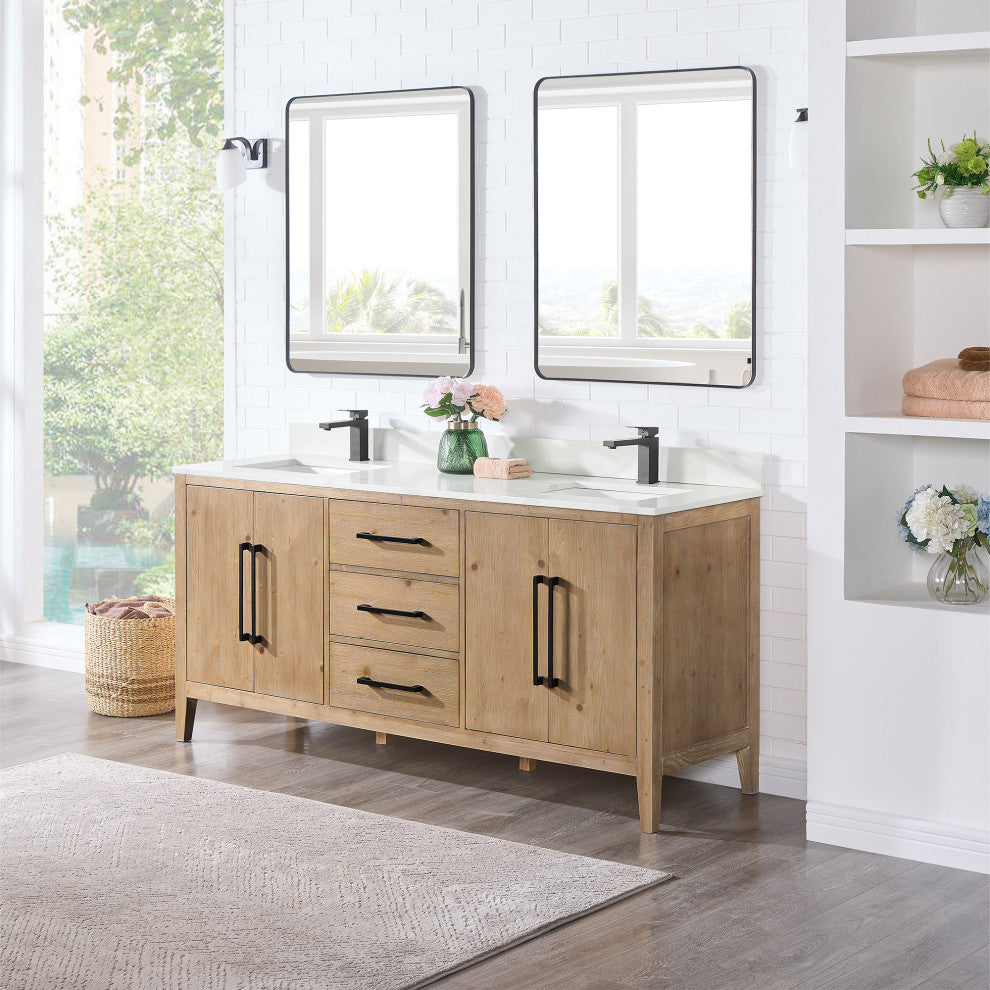 Laurel Bathroom Vanity with Calacatta White Quartz Stone Countertop, Weathered Fir, 72", With Mirror
