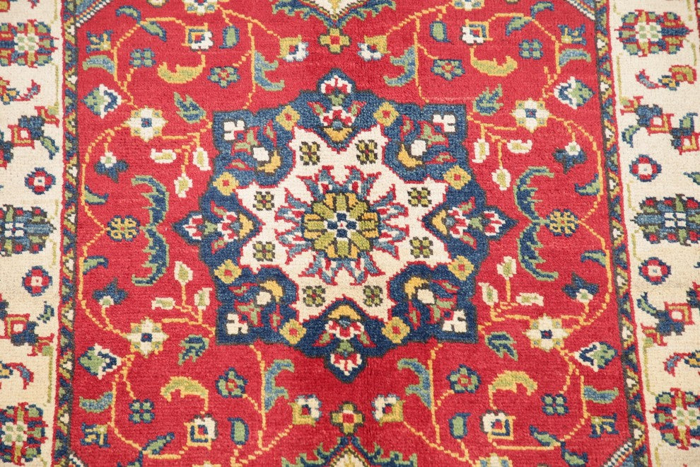 Pakistani Kazak Hand-Knotted Oriental Traditional Wool Area Rug, Red, 4'0"X2'7"