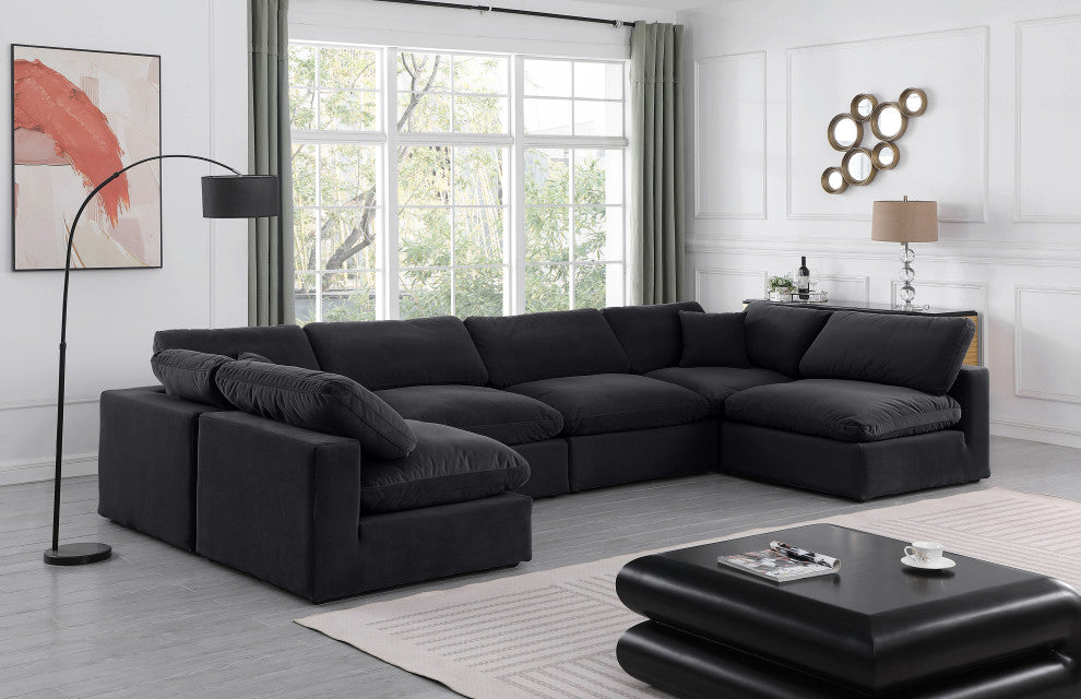 Comfy Upholstered U-Shaped Modular Sectional, Black, 6-Piece: 4 Armless Chair, 2 Corner Chair, Velvet