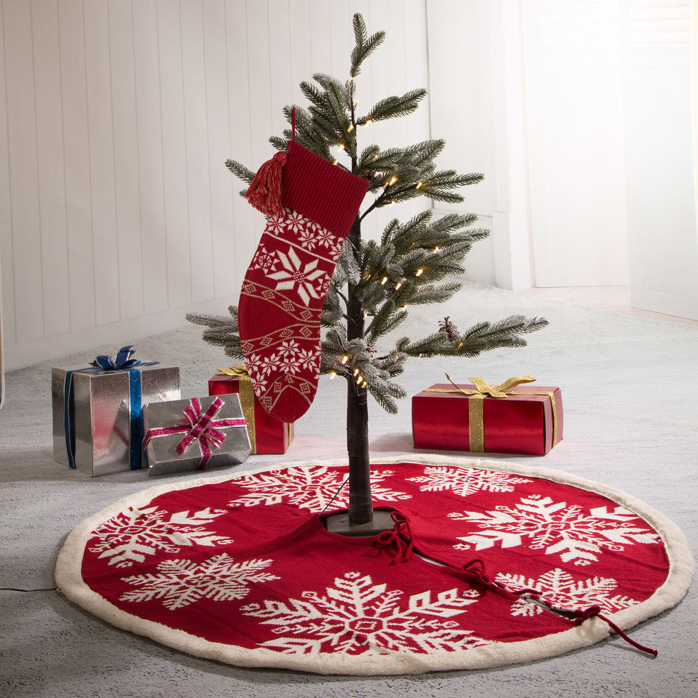 Set of 2 Knitted Acrylic Christmas Stocking and Tree Skirt, Snowflake