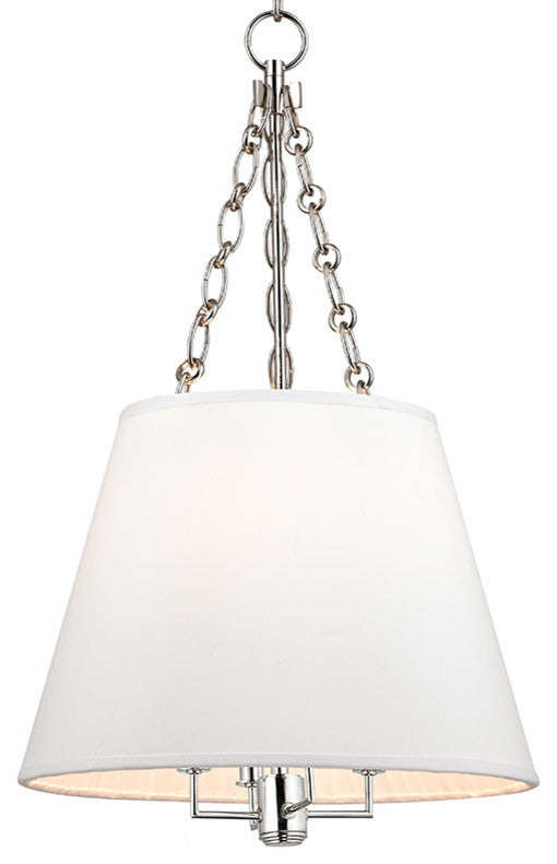 Burdett, Four Light Pendant, Polished Nickel Finish, White Faux Silk Shade