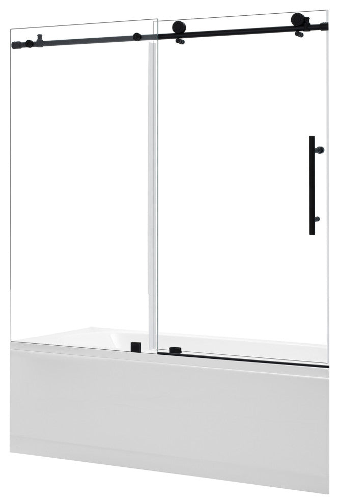 Lazaro Single Sliding Frameless Tub Door, Clear Glass, Matte Black, 60"wx58"h