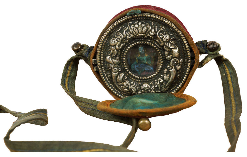 Consigned Antique Tibetan Carved Silver Turquoise Gau Ghau Prayer Box