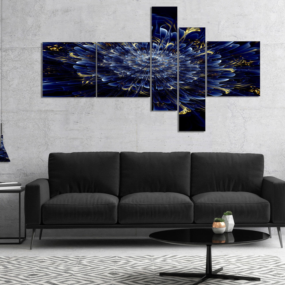 Blue Fractal Flower, Floral Art Canvas Print, 60"x32", 5 panels