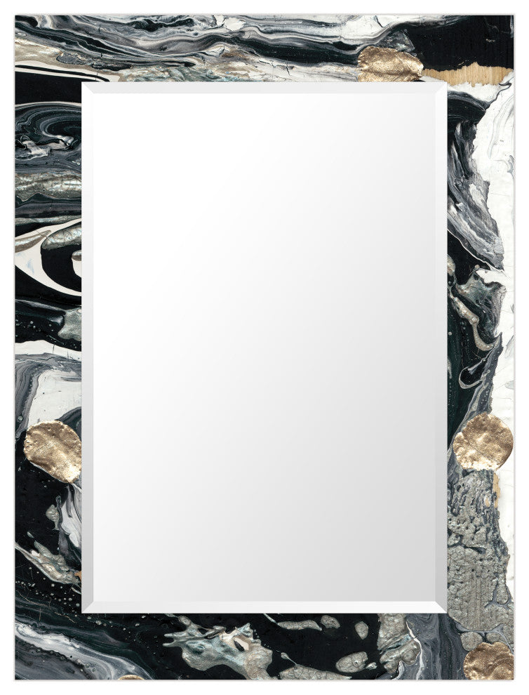 "Ebony and Ivory" Beveled Mirror on Printed Abstarct Tempered Art Glass, 40x30"